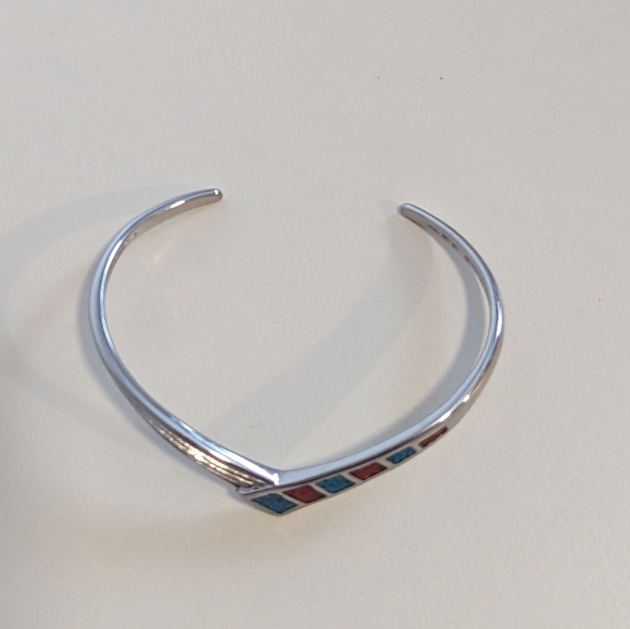 Sterling Silver Zuni Cuff Bracelet with Channel Set Crushed Turquoise and Coral - Picture 3 of 7
